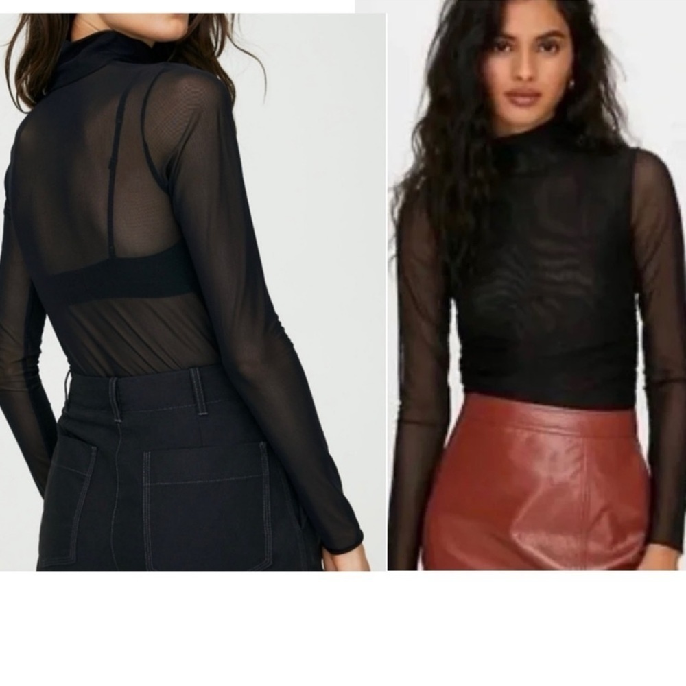 Aritzia Wilfred Black Sheer Mock Neck Long Sleeve Top Ruched Size XS
